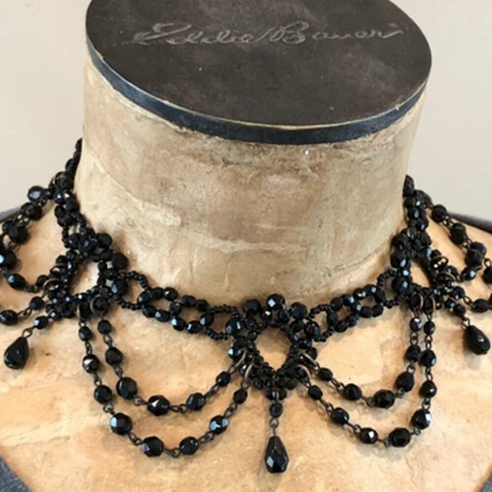 Jet black faceted glass bead choker necklace Victorian Gothic high quality